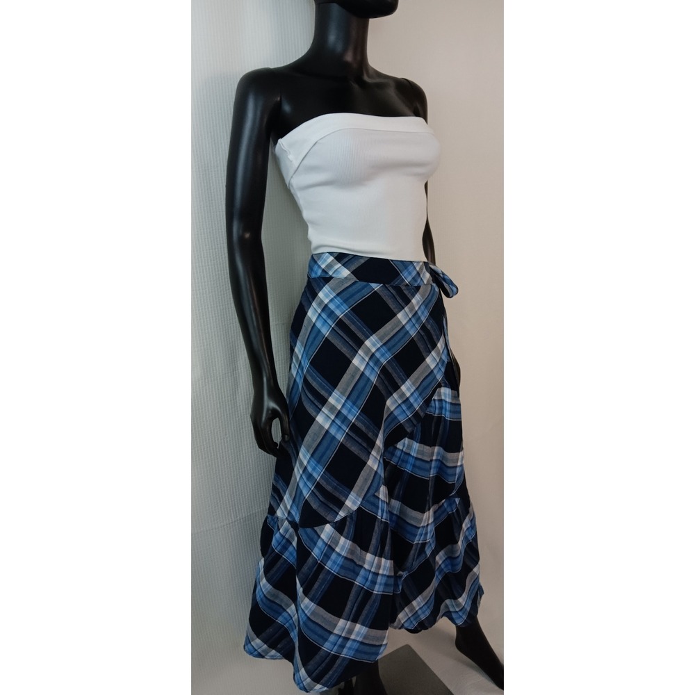 Lauren Ralph Lauren Blue Plaid Ruffle Waist Tie Round Maxi Skirt Womens 14